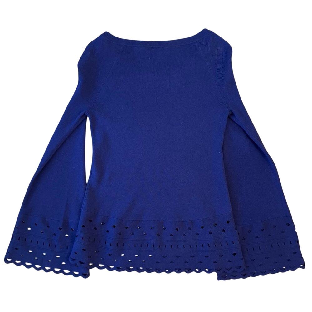 Ramy Brook Diane Sweater Laser-Cut Bell Sleeve Boatneck Navy Size Women's XS - Picture 2 of 9